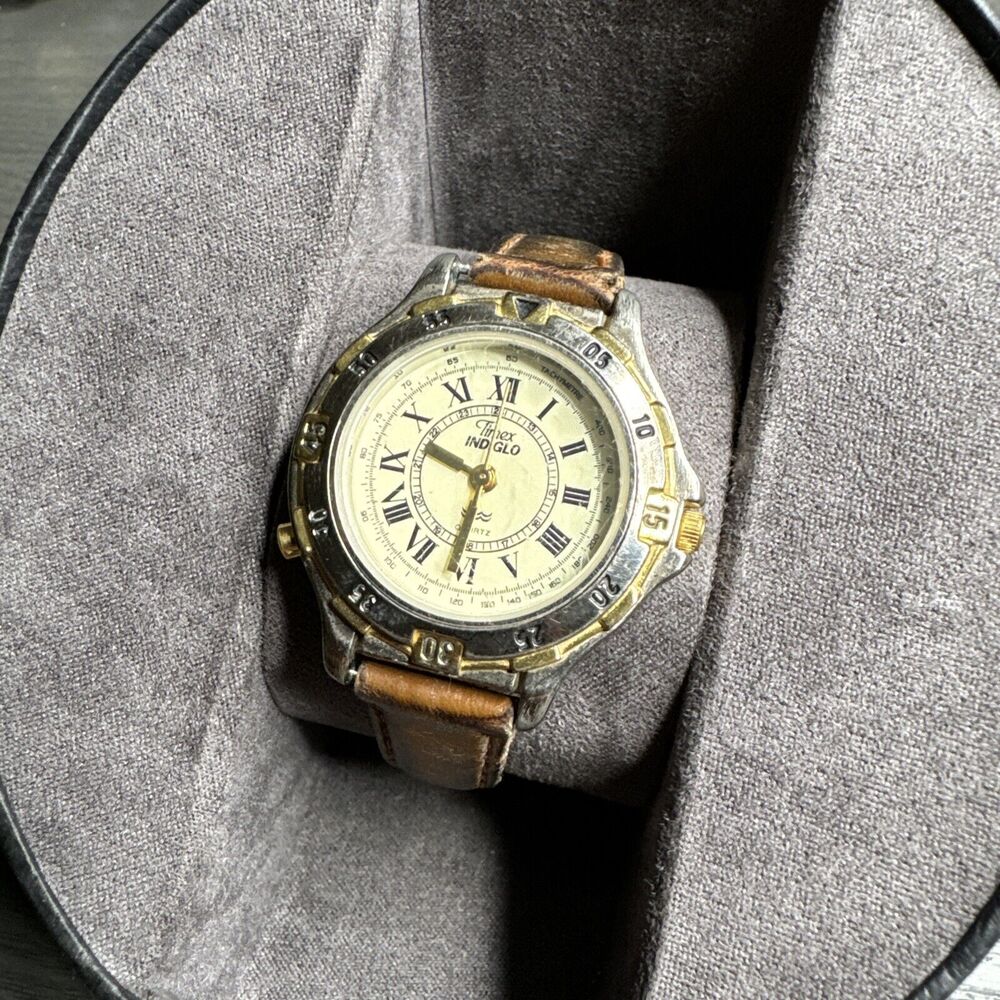 Timex Women Watch Silver Gold Stainless Steel Brown Leather WR Beige Quartz
